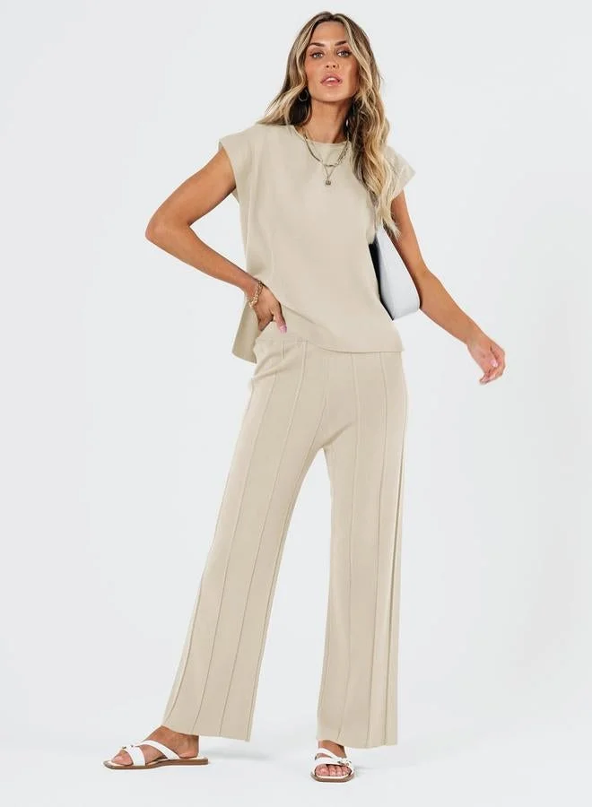 تايك تو طقم بلوزة بلا أكمام وبنطال بأرجل واسعة بيج للنساء